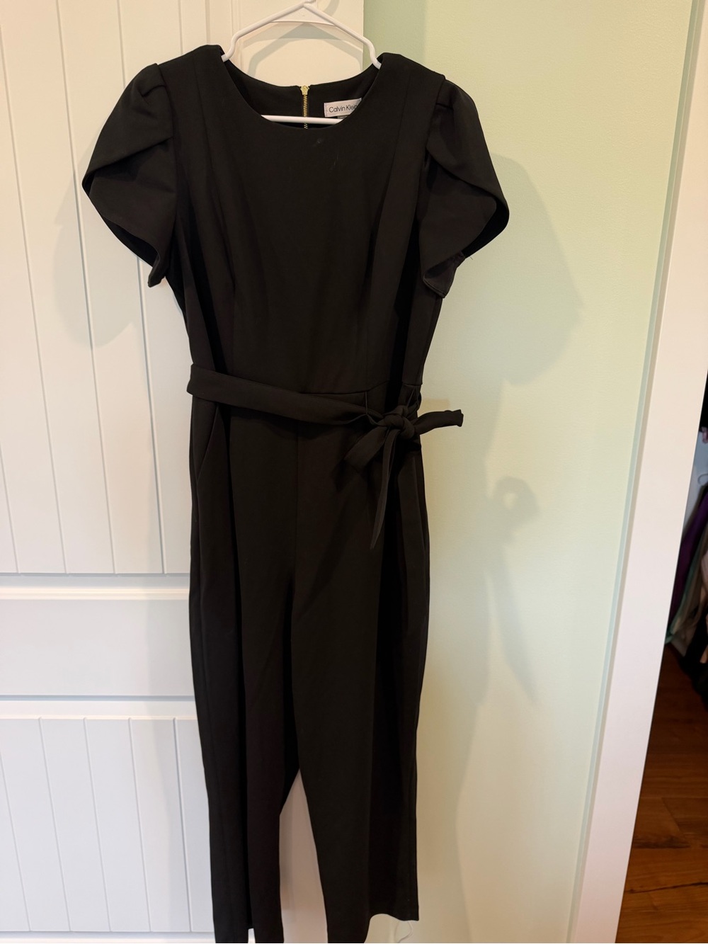 Calvin Klein Black Puff-Sleeve Belted Jumpsuit